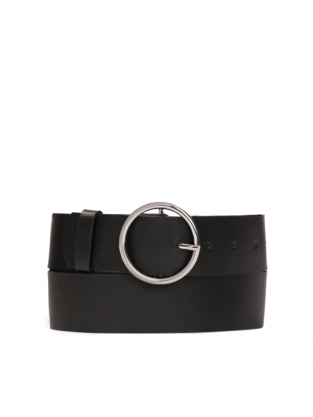 Cinturón de cuero negro de mujer con hebilla redonda 
