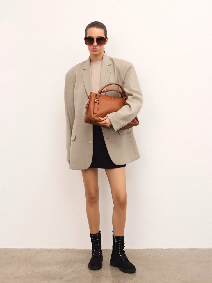 Bolso de piel marrón claro con asas y detalles plateados ELEONORE